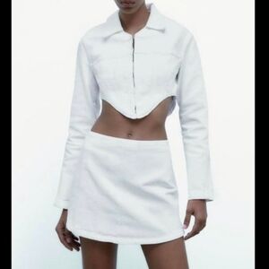 Zara White Denim Jacket and Skirt Matching Set.